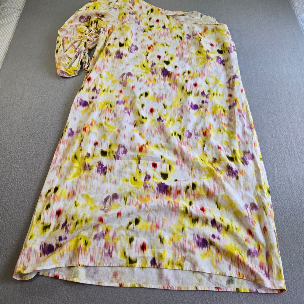 Future Collective One Shoulder Dress Womens 1X Yellow Ikat Linen Blend Midi